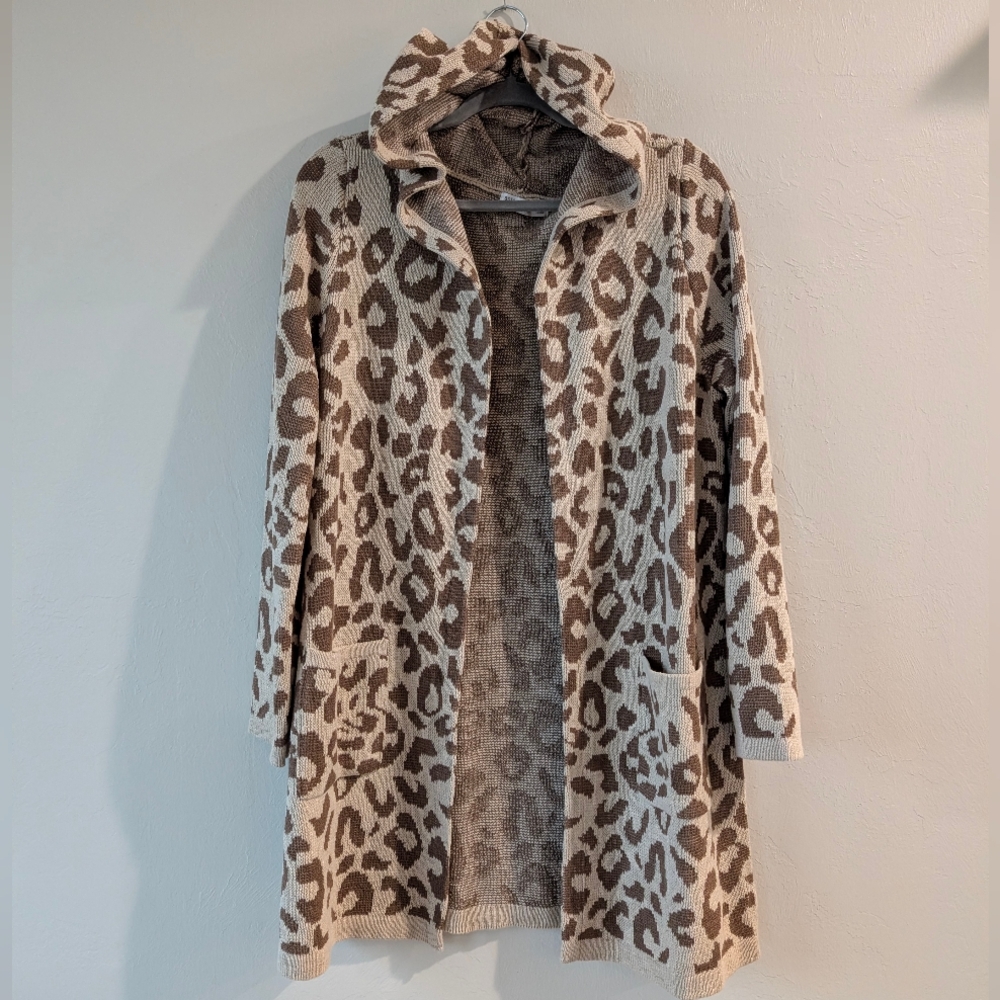 89th & Madison Brown Knit Hooded Cardigan Leopard Animal Print Size L Stretch